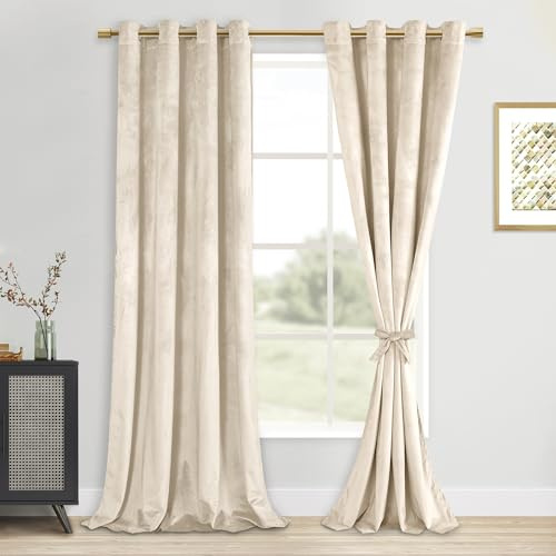DWCN Beige Velvet Curtains 96 inches Long - Elegant Room Darkening Noise Absorb Tieable Grommet Curtains Warm Soft Texture Privacy Drapes for Bedroom/Living Room/Farmhouse Style Decor W52 x L96