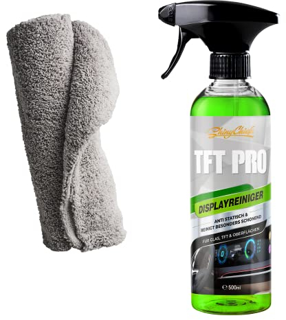 ShinyChiefs TFT PRO Set - Antistatischer Touchscreen-Reiniger & Mikrofasertuch für Verschmutzungen auf Displays im Auto-Cockpit - Schonender Bildschirmreiniger für TFT, Plasma, LCD und Glas, 500ml