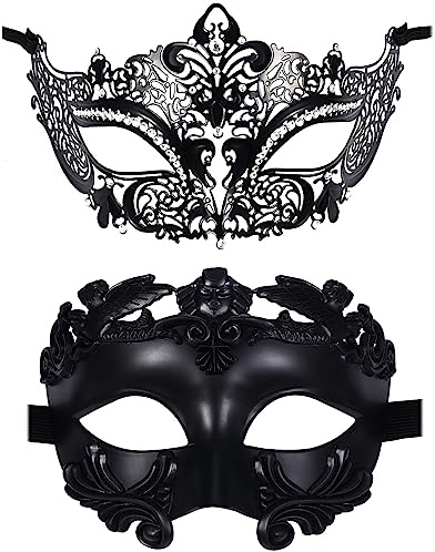 JewelryWe Maskerad Masker Par, Romerska Antika Grekiska Masker, Venetianska Män Kvinnor Metallmasker för maskering, Halloween, Mardi Gras, Graduation Party, 2 stycken, Svart