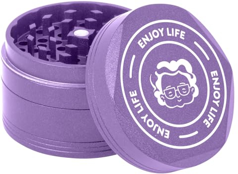 Granny‘s Premium Kräutermühle Keramik beschichtet | messerscharfes Mahlwerk | ∅ 63 mm | 4-teilig | inkl. schieber | Keramik Kräutermühle verschiedene Designs (Lila)