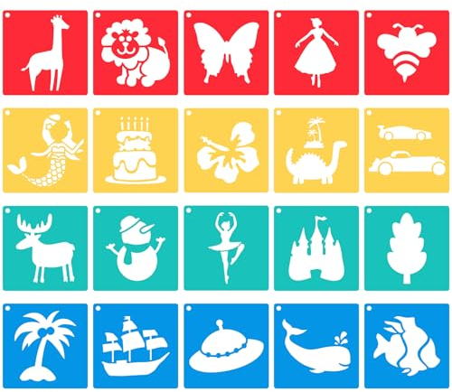 20 Stück 20x20cm Malschablonen für Kinder, Zahlreiche Muster Groß Schablonen Set zum Malen auf Holz Kunststoff Kunst Kreide Schablonen für Kinder Draußen Kuchen Basteln Schulprojekte