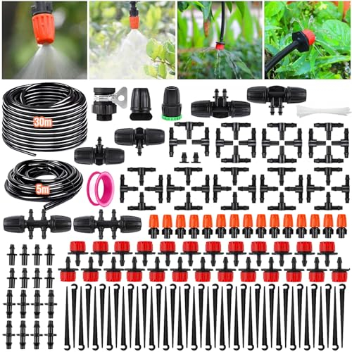 Garten BewässerungsSystem, 185Pcs Garten Bewässerung Kit, 30M+5M Tropfbewässerungszubehör DIY -Bewässerungssystem mit einstellbarer Sprühdüse,Garten,Gewächshaus,Flower Bed,Terrasse Pflanzen