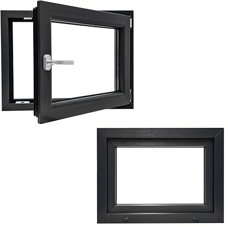 Kunststofffenster PVC Wärmedämmend Fenster Garagenfenster Kellerfenster Billig Günstig Alupl Neo Energeto Dreh Kipp 2-Fach Verglasung Innen und Außen Anthrazit 60x90cm 600x900mm DIN Rechts Hersteller