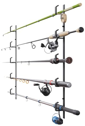 QLS Supporto per canne da pesca, da parete, da soffitto, fino a 5 canne da pesca, in acciaio verniciato a polvere, colore nero