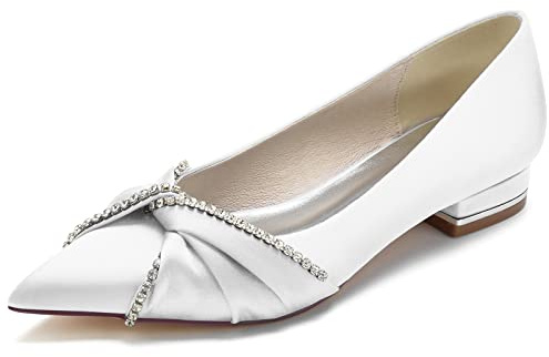 Gycdwjh Scarpe Matrimonio Donna Sposa,Scarpe da Sposa Bridal Raso Scarpe Basse Eleganti a Punta Tacco Basso Sandali Sposa Appartamenti Pumps,Bianca,38 EU
