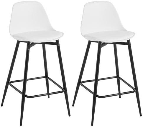 Klihome Juego de 2 Taburetes Bar, Taburete Alto Cocina con Respaldo y Reposapiés, Asiento en PP y Estructura Metálica, Blanco