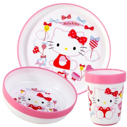 Hello Kitty Set di stoviglie riutilizzabili bicolore premium per bambini, 3 pezzi, piatto, ciotola e bicchiere, senza BPA