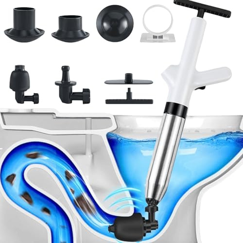 Avloppsrensarpump, högtrycksrörrensare, tryckluft, toalettplunger, tryckluftsrörrensare, set med 4 utbytbara huvuden, rörrensningspump, toalettplunger för toaletter, handfat och avlopp