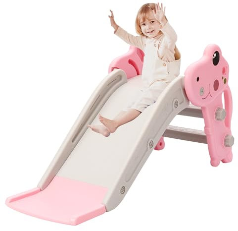 YULEYU Kleinkind Rutsche für Indoor & Outdoor Spielen mit Basketball-Ring, Anti-Rutschschritte, 100cm Baby Kletter, Pink