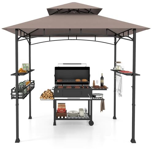 COSTWAY Cenador de Barbacoa 242 x 153 cm, Carpa Barbacoa con 2 Estantes Laterales, Estructura de Metal, Abridor de Botellas, Pergolas de Jardin Exterior (café)