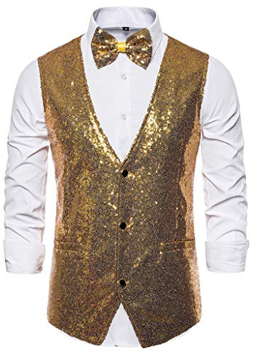 Gilet de costume pour homme, gilet à paillettes brillantes, gilet décontracté pour festival, fête discothèque, bal de promo, col en V, coupe régulière, gilet brillant sans manches avec nœud papillon