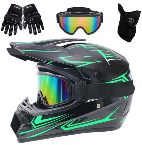 Dirtbike-Helme für Jugendliche und Kinder, Motocross, für Jungen und Mädchen im Alter von 5–14 Jahren, mit Handschuhen, Schutzbrille und Maske, Dirtbike-Downhill-Offroad-Mountainbike-Helm, Allrad(Gree