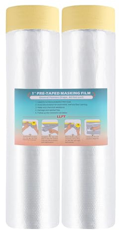 LLPT Tape and Drape Pre-Taped Masking Film 2 Packs-200cm(Unfolded) x 20m | Beige Washi Versatile Painter's Plastic Dust Sheets for Auto Wall Furniture Painting and Spraying Protection