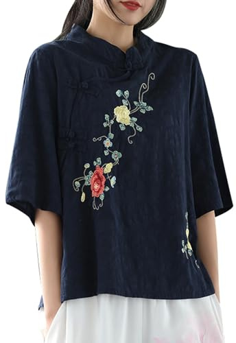Chemise en lin à col montant chinois pour femme - Grande taille - Bleu clair