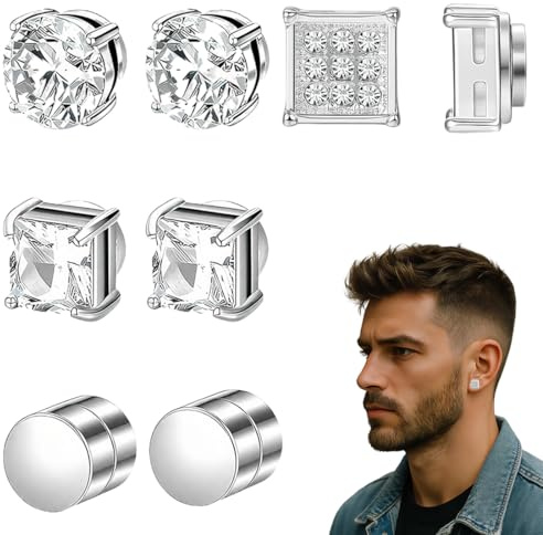 XPEX 4 PCS Boucles d'oreilles magnétiques pour homme, aimants, ensemble unisexe, diamants ronds/carrés/9 ronds (couleur acier 6 mm)