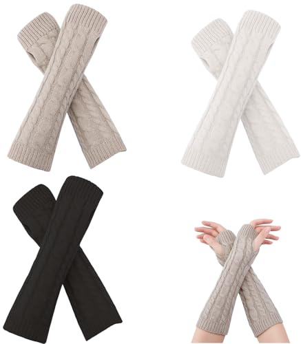 DXPETA Arm Warmers, 3-Pack Long Sleeve Fingerless Gloves, Knitted Wrist Warmers for Cold Weather Protection, Black White Grey Arm Warmer Set for Outdoor Activities, Office Work and Driving