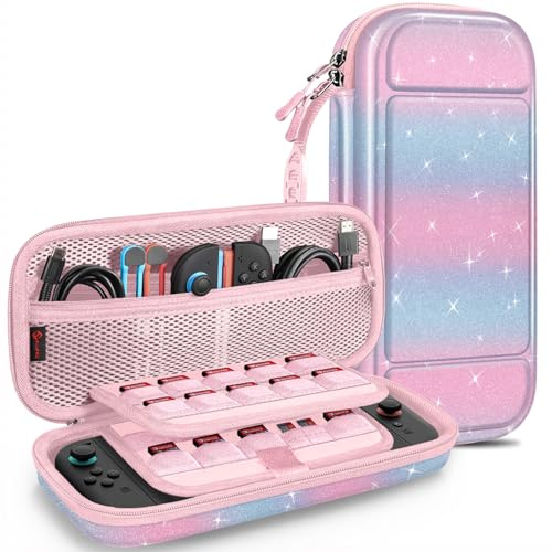 FINTIE Carrying Case for Nintendo Switch 2 (2025), Shockproof Hard Shell Switch 2 Case, Protective Cover Travel Bag with 19 Game Card & 2 Micro SD Card Slots & Inner Pocket, Glittering Pink Blue