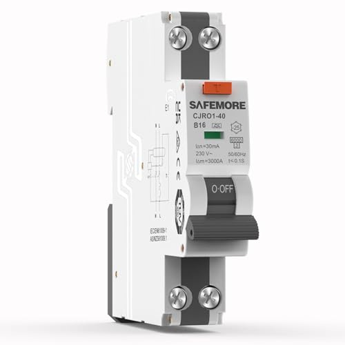 FI/LS-Schalter 1P+N 16A 30mA Typ A - SAFEMORE RCBO Bidirektionaler Fehlerstromschutzschalter mit 6kA Schaltvermögen, B16 Kurve B, TÜV-Zertifizierung - DIN-Hutschiene