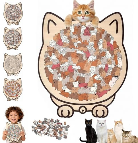 Puzzle en forme de chat | Puzzle en bois coloré en forme de chat de 135 pièces | Encadré par d'adorables chats | Puzzle en bois pour chats irréguliers Décoration pour les amoureux de C-at