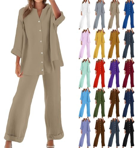Fnumiszx Linen Sets For Women 2 Piece Outfits Solid Long Sleeve Button Up Shirts Drawstrings Wide Leg Trousers Summer Tracksuits Travel Outfit Airport Set Women Gym Jogging Suits Casual Loungewear