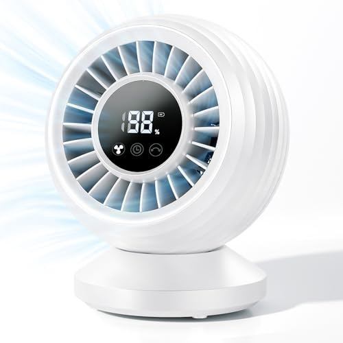 Ventilatore da Tavolo Silenzioso 22 dB, Circolatore d’Aria 3D, Batteria Ricaricabile 12000 mAh, Oscillazione 120°, 7 Velocità, Timer, Ventilatore da Scrivania per Camera, Ufficio e Cucina – Bianco