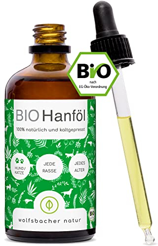 Bio Hanföl für Hunde und Katzen 100ml I 100% Natürlich und Kaltgepresst - Unterstützung für Fell & Haut durch Omega 3-6-9, DE-ÖKO-060