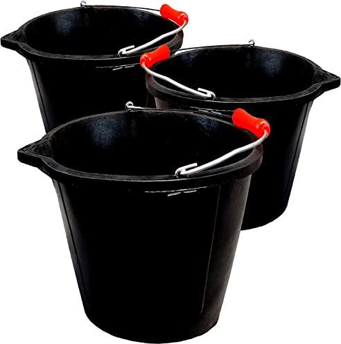 14L Black Flexible Bucket Heavy Duty Black Rubber Builders Bucket 3 Gallon 14 Litre Water Mixing Storage Strong Handle and Spout Ideal for Construction Trade, Animal Feed - Pack of 3