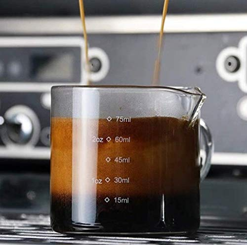 Glas Kaffee Messglas 2 Stück Messbecher 75ml Espressoglas Espresso Kaffeeglass mit Griff Shotglas mit Doppelauslauf Milchbecher Messen Kaffeebecher Hitzebeständig Glasmessbecher Barista Barkeeper