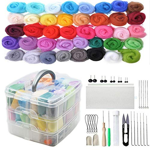 Joyeee Kit de feutrage à l'aiguille pour débutants avec 40 couleurs de laine, outils de feutrage à l'aiguille, aiguilles de différentes tailles, ciseaux, artisanat animal décoration de la maison