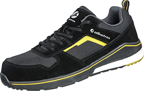 Albatros Court Black Low arbetssko säkerhetssko S3 ESD HRO SRC fiberglaslock andas halkfri metallfri män, Svartgul, 48 EU