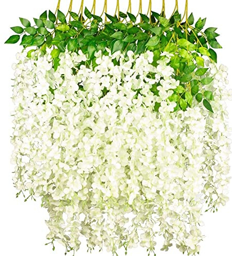 OUKEYI Ghirlanda di fiori artificiali di glicine, 12 m, in seta, da appendere, per interni ed esterni, casa, giardino, Natale, decorazione per feste di nozze (bianco)