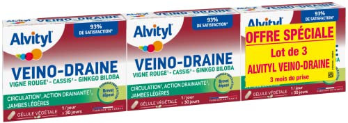 Alvityl - Veino-Draine - Lot De 3 - Circulation, Action Drainante, Jambes Légères - Rouge,3 x 30 Gélules