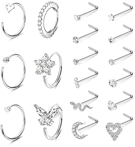 Morfetto 10PCS 316L Surgical Steel Nose Rings for Women Men - 20G 8mm L Shape Nose Studs Hoops with CZ Heart Moon Hypoallergenic Nostril Piercing Jewelry