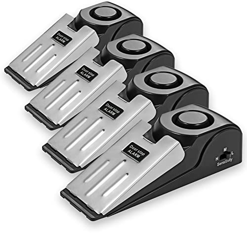 Cale Porte Alarme, Butée de Portes avec Alarme, Arrêts de Portes Caoutchouc Antidérapant, 3 Sensibilités Réglables Bloque Porte pour de Sécurité Maison/Sécurité Enfants (4 Paquets)