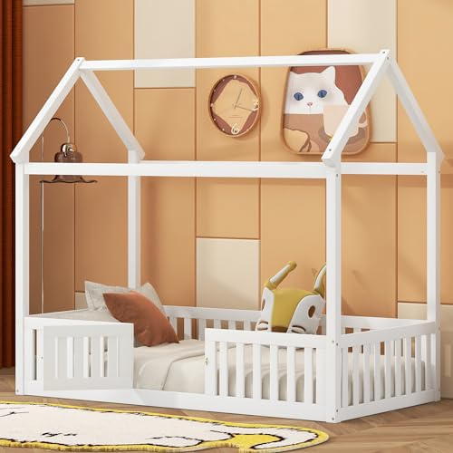 Merax Twin Size Wood House Bed with Fence and Door, Wooden Bedframe with Roof for Teens, Boys or Girls, White