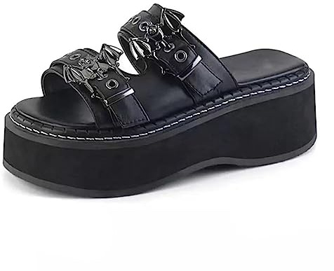 Ulalaza Kvinnor plattform Mary Jane kil fladdermus hjärta kedja sandaler öppen tå ankel gotisk Lolita plattform klänning pumps skor tjocka plattformsskor patentläder finskor, S7 Svart, 40 EU
