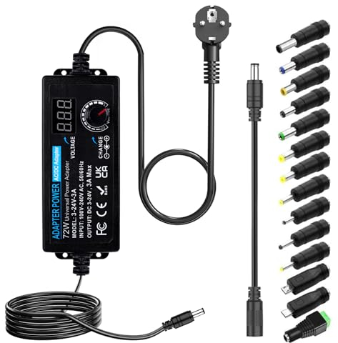 Klarlight 3A Universal Netzteil 3V-24V 72W Einstellbares Netzteil AC 100V-240V to DC 3V-24V, 14 Adapter Stecker für Haushaltsgeräte LED Beleuchtung DC Motor DVD