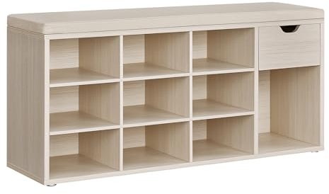 VASAGLE Schuhbank, Schuhregal mit Schublade und offenen Fächern, Sitzbank, gepolsterter Sitz, Flur, Schlafzimmer und Eingangsbereich, 30 x 104 x 48 cm, naturbeige-cappuccinobeige LHS024K03