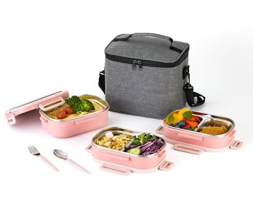 Lille Home 3-Tier Stainless Steel Lunch Box, Portable 82oz Large Capacity Leak-Proof Bento Box,5-Compartment Lunch Box With Lunch Bag And Utensils, Suitable For Work, Camping, Fitness (Pink)