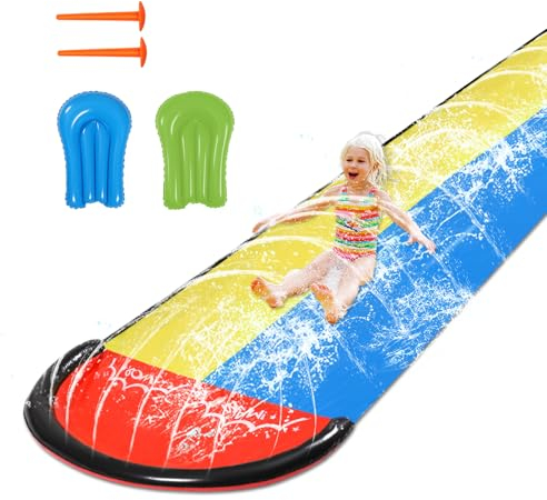 lasuroa Lange Wasserrutsche, 6,1 x 1,4 m Sommer-Wasserrutschenspielzeug mit Surfbrett und Kunststoffeinsätzen Doppelt Rutschwasser und Rutsche Wasserrutsche im Freien für Kinder und Erwachsene