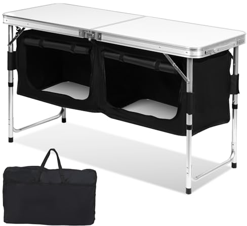 ISOISL Campingküche, Campingschrank Höhenverstellbar, Klappbarer Camping Küche mit Hitzebeständiger Arbeitsplatte, Campingküche mit Aluminiumgestell für Camping, Inklusive Tragetasche