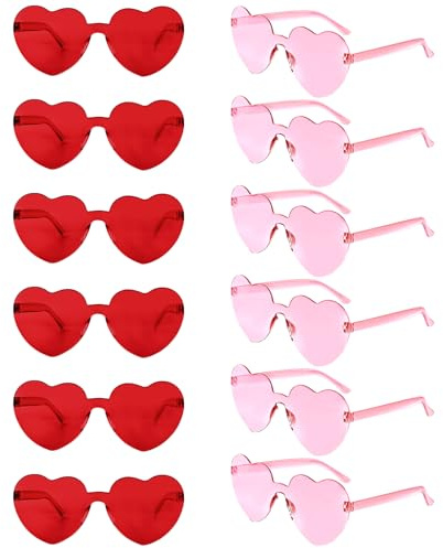 Bouiexye 12 Pack Heart Shaped Sunglasses for Women Heart Glasses for Bachelorette Birthday Party Favor (Pink+Red)