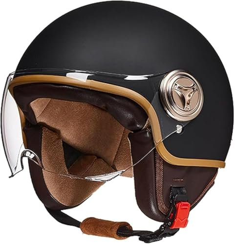 BYOUQ Motorradhelm mit Visier, Vintage-Retro-Stil, ECE-geprüft, Schwarz, für Kinder, Jugendliche, Männer, Frauen, 54-61CM