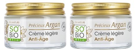 LÉA NATURE SO BiO étic | Crème légère Anti-Âge jour – Précieux Argan | Lisse et Raffermit la peau | Huile d’Argan Bio | Acide Hyaluronique | 99% d'origine naturelle | Made in France | Lot de 2x50 ml