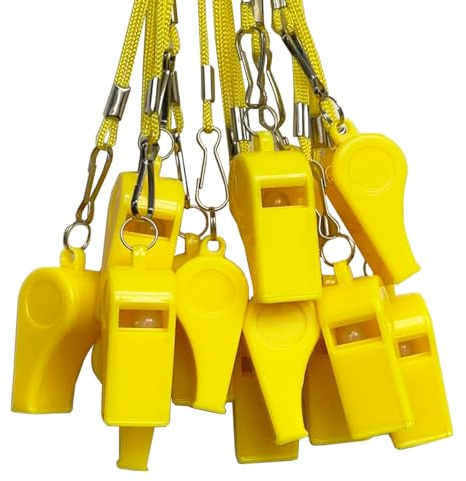 DYBADYSA Set di 20 fischietti in plastica gialla ad alta voce con cordino per arbitro, allenatore, basket, calcio, sport, calcio, escursionismo, allenamento all'aperto, eventi, bagnini, sopravvivenza