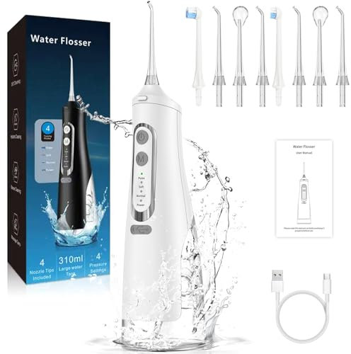 Tacilin Munddusche Zahndusche mit 4 Modi & 8 Düsen, 310ML Water Flosser Kabellose Zahnreinigung, IPX7 Wasserdicht & USB Wiederaufladbar, Tragbare Mundduschen Waterflosser für Reisen & Hause