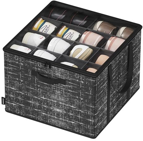 SONGMICS Shoe Organiser for Closet, Fits 16 Pairs, Shoe Storage Bin, Fabric Container with Handles and Clear Cover, for Bedroom, Entryway, Wardrobe, Ink Black LSP601B01