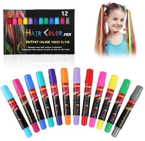 Haarkreide pour filles, 12 couleurs coloration temporaire, lavable, non toxique, idéale pour Carnaval, maquillage adolescente fille avec cire colorante cheveux rouge et laque pour cheveux Carnaval.