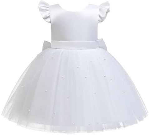 Lito Angels Robe Demoiselle d'honneur Ceremonie Mariage Noël avec Perle pour Enfant Fille Taille 5-6 Ans, Blanc