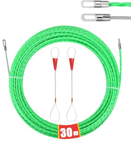 SOBEAU Guia Pasacables 30 m,Enhebrador de Alambre Guia Pasacables Trenzada Profesional Electrica,4,5 mm de diámetro, Guía Pasacables con 2 muelles guía para para tirar cables (verde 30M)